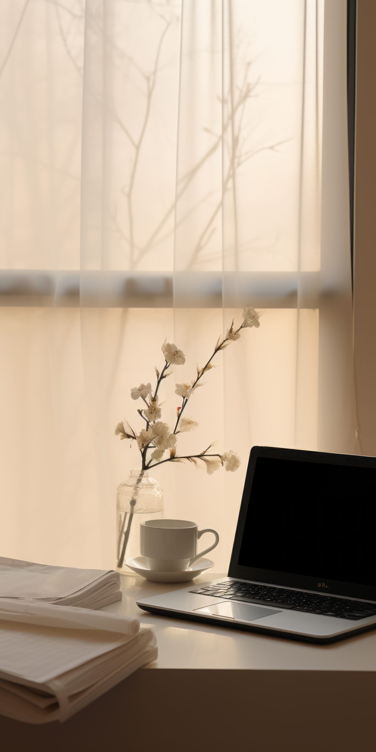 a laptop sits on a desk, accompanied by a vase of flowers. the photo captures an ethereal transparency, showcasing the beauty of the scene. the use of the tokina at-x 11-16mm f2.8 pro dx ii lens adds a touch of classic japanese simplicity. digitally enhanced, the image features flowing draperies, silhouette lighting, and subtle chromatism. ai generated